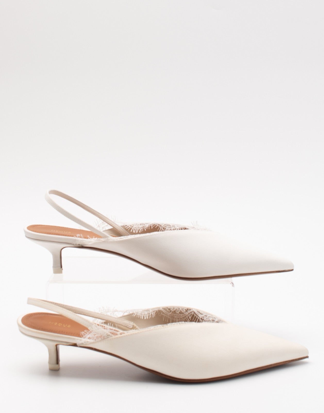 NEOUS Satin Slingback Heels with Lace Trim