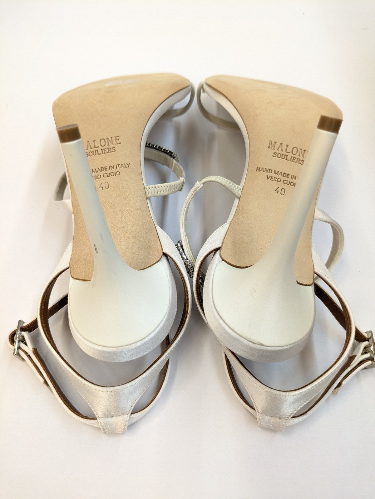 MALONE SOULIERS Rhinestone Satin Ankle Strap Sandals