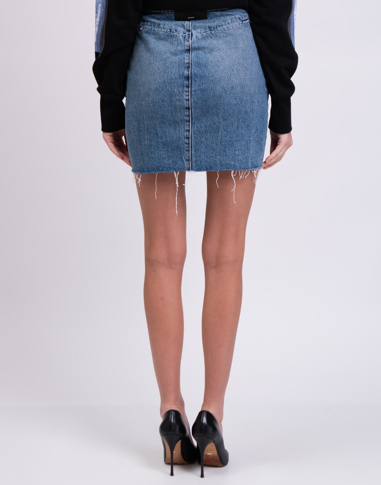 ALEXANDER WANG Denim Skirt Blue Frayed Hem Faded Button Fly