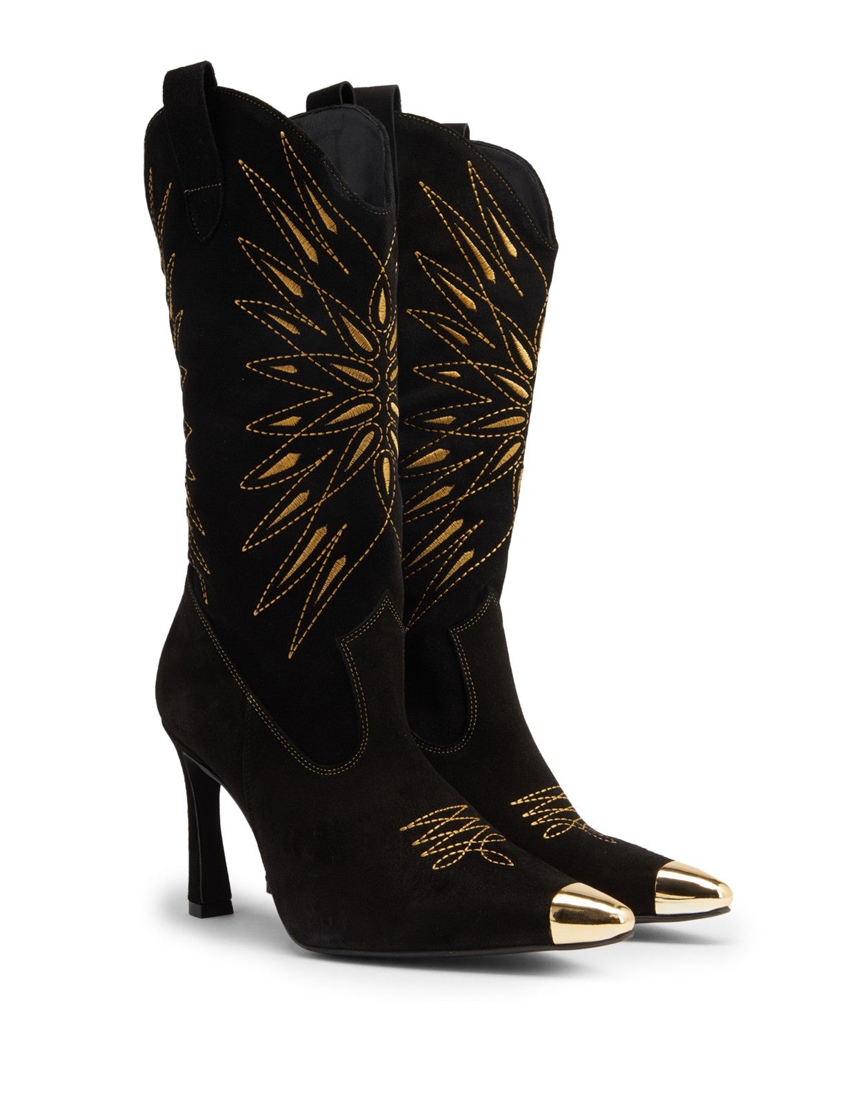 8 Suede Leather Western Boots Black Embroidered