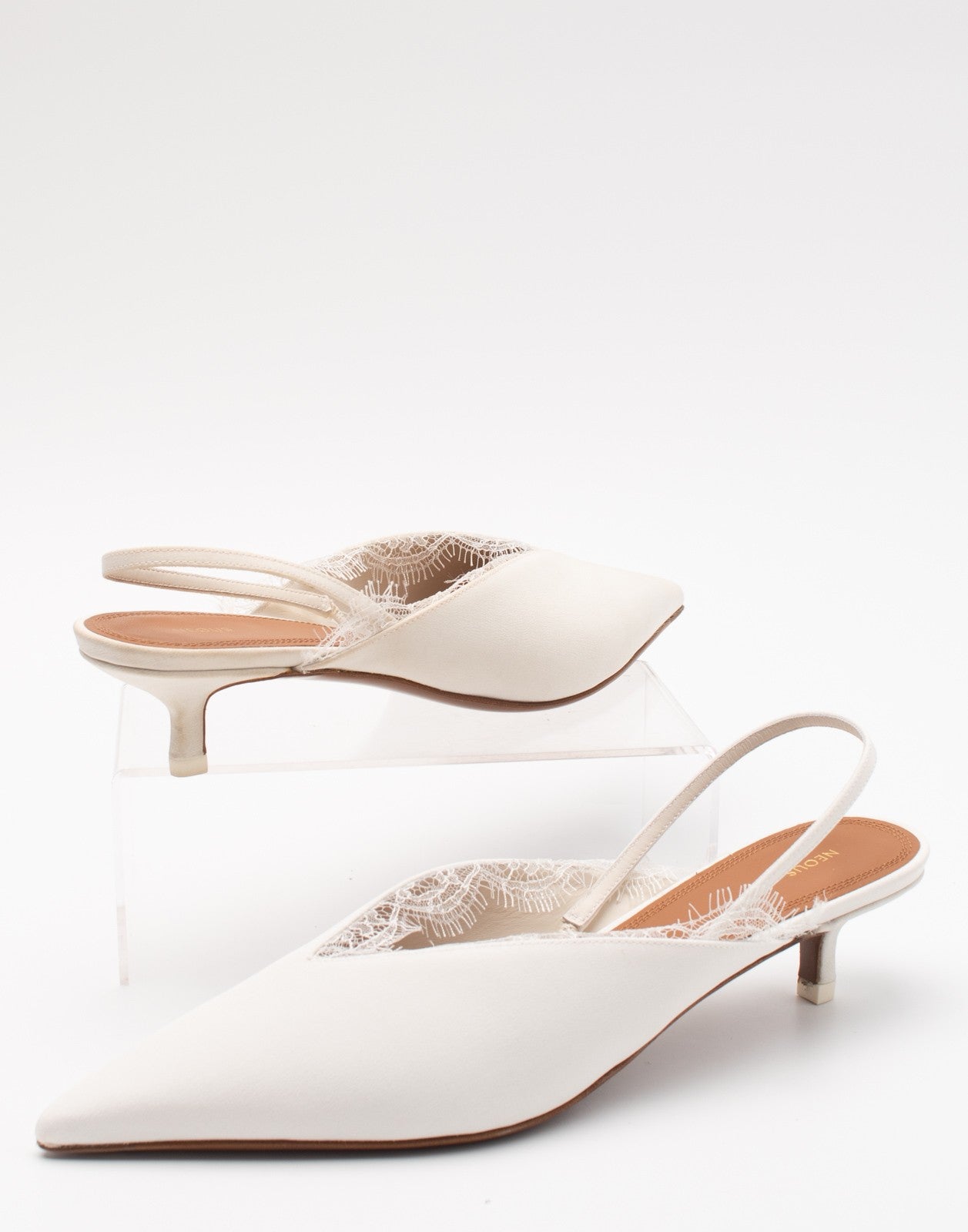 NEOUS Satin Slingback Heels with Lace Trim