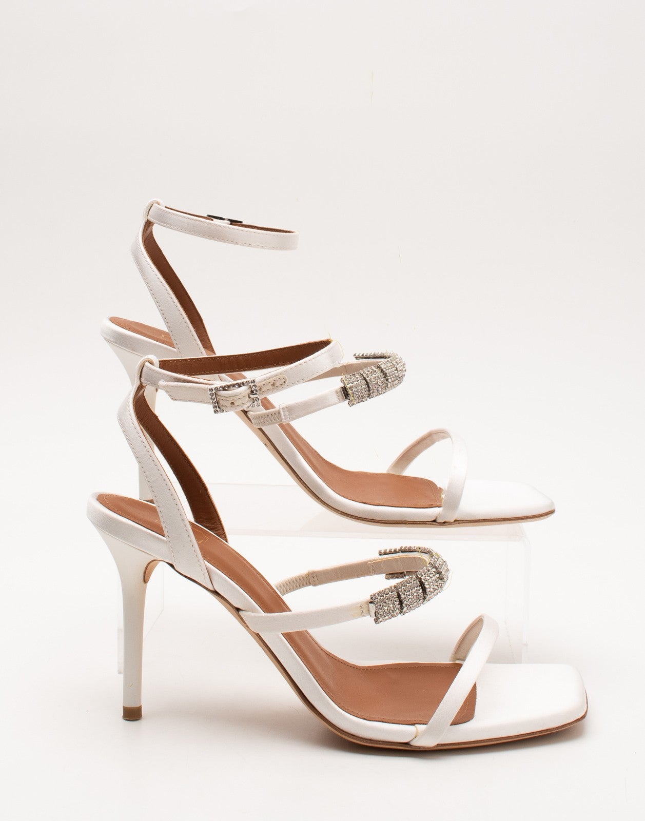 MALONE SOULIERS Rhinestone Satin Ankle Strap Sandals