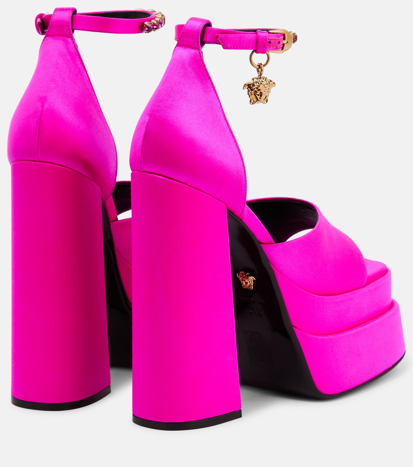 Versace Pink Satin Medusa Rhinestone Platform Sandals