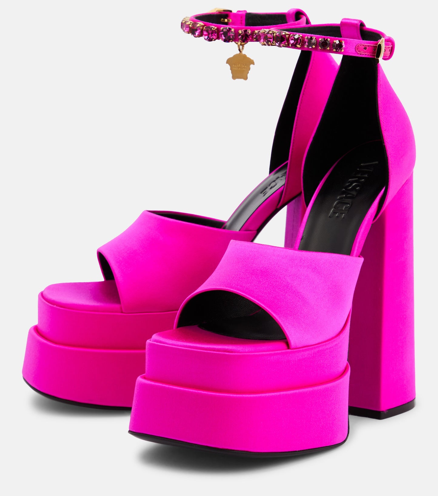Versace Pink Satin Medusa Rhinestone Platform Sandals