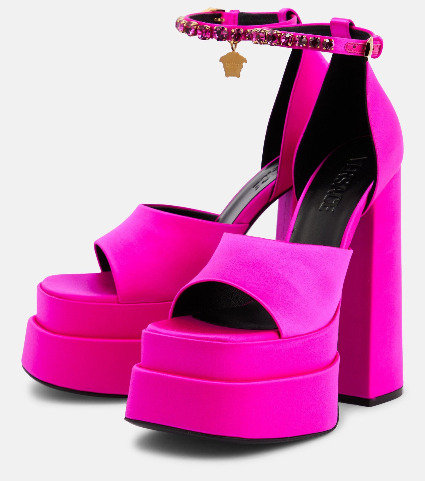 Ateliia Versace Pink Satin Medusa Rhinestone Platform Sandals