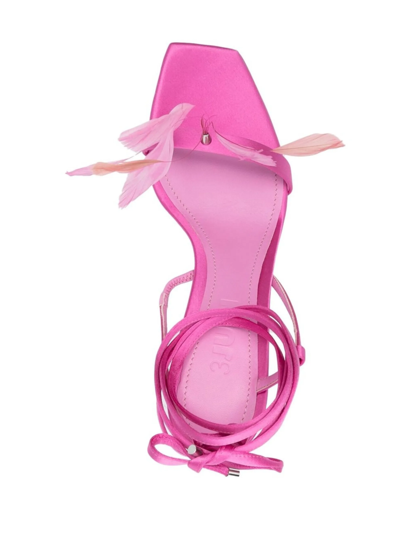 3JUIN Pink Satin Ankle-Tie Sandals with Feathers