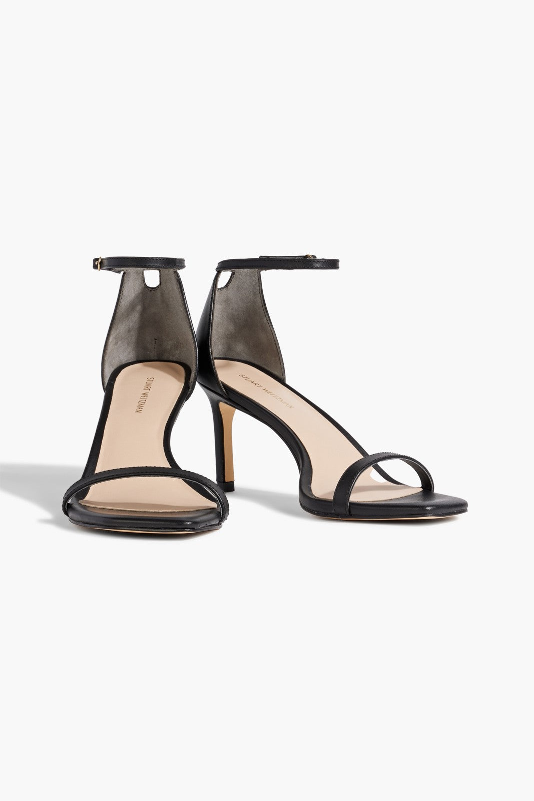 Stuart Weitzman Black Leather Mid-Heel Ankle-Strap Sandals