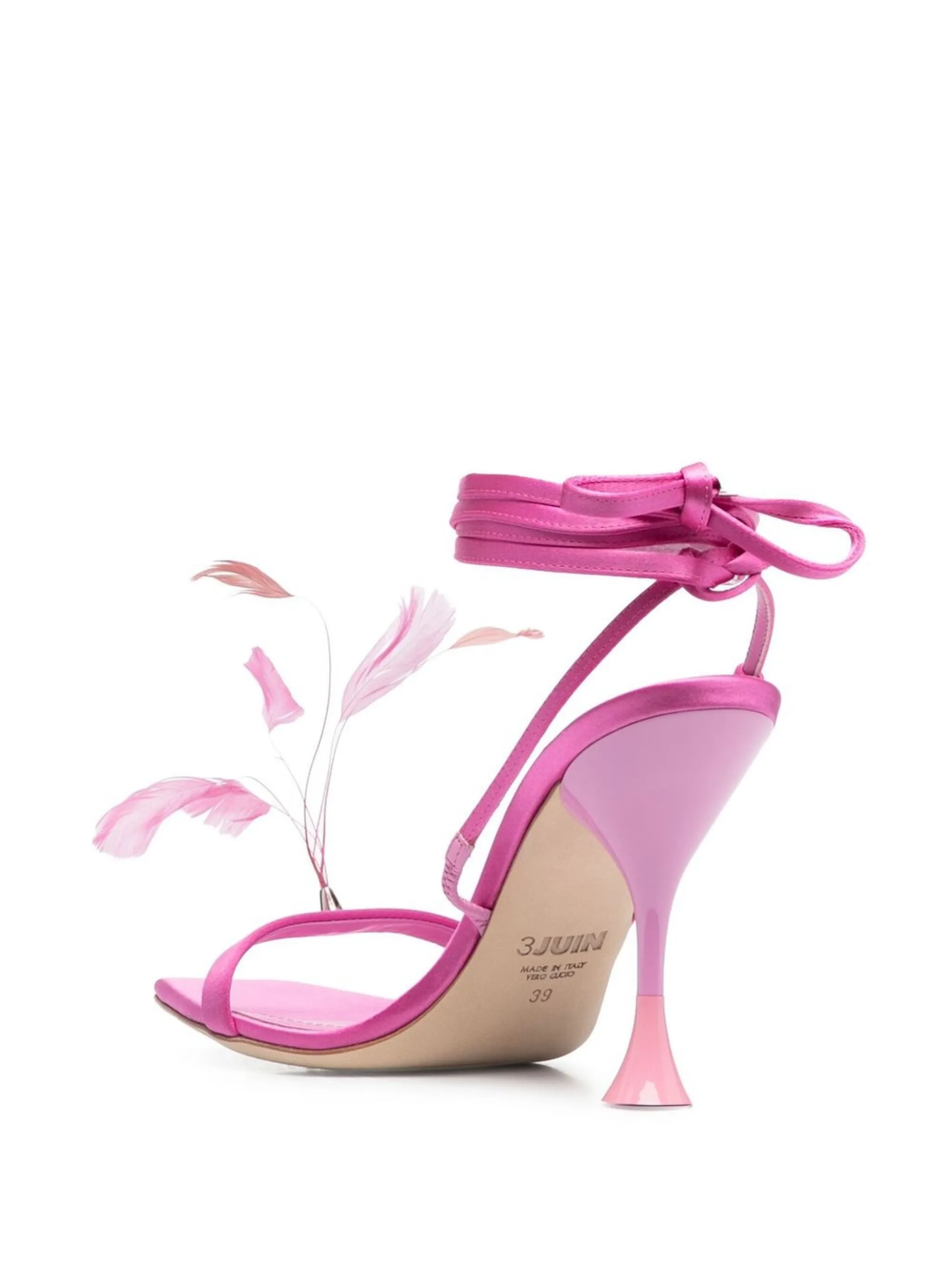 3JUIN Pink Satin Ankle-Tie Sandals with Feathers