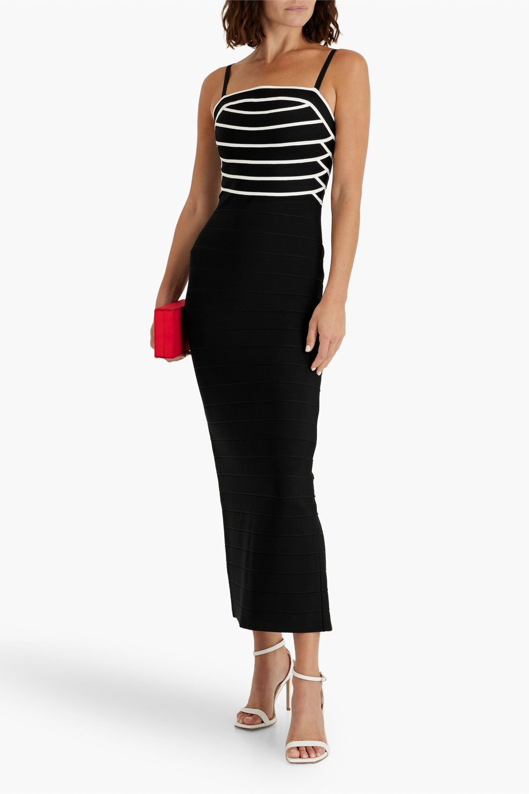Hervé Léger Column Bandage Dress Black Striped Strappy