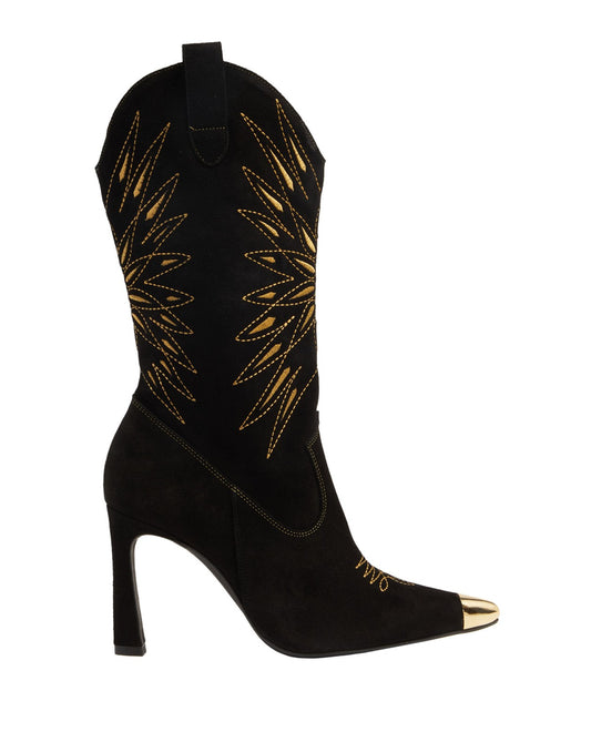 8 Suede Leather Western Boots Black Embroidered