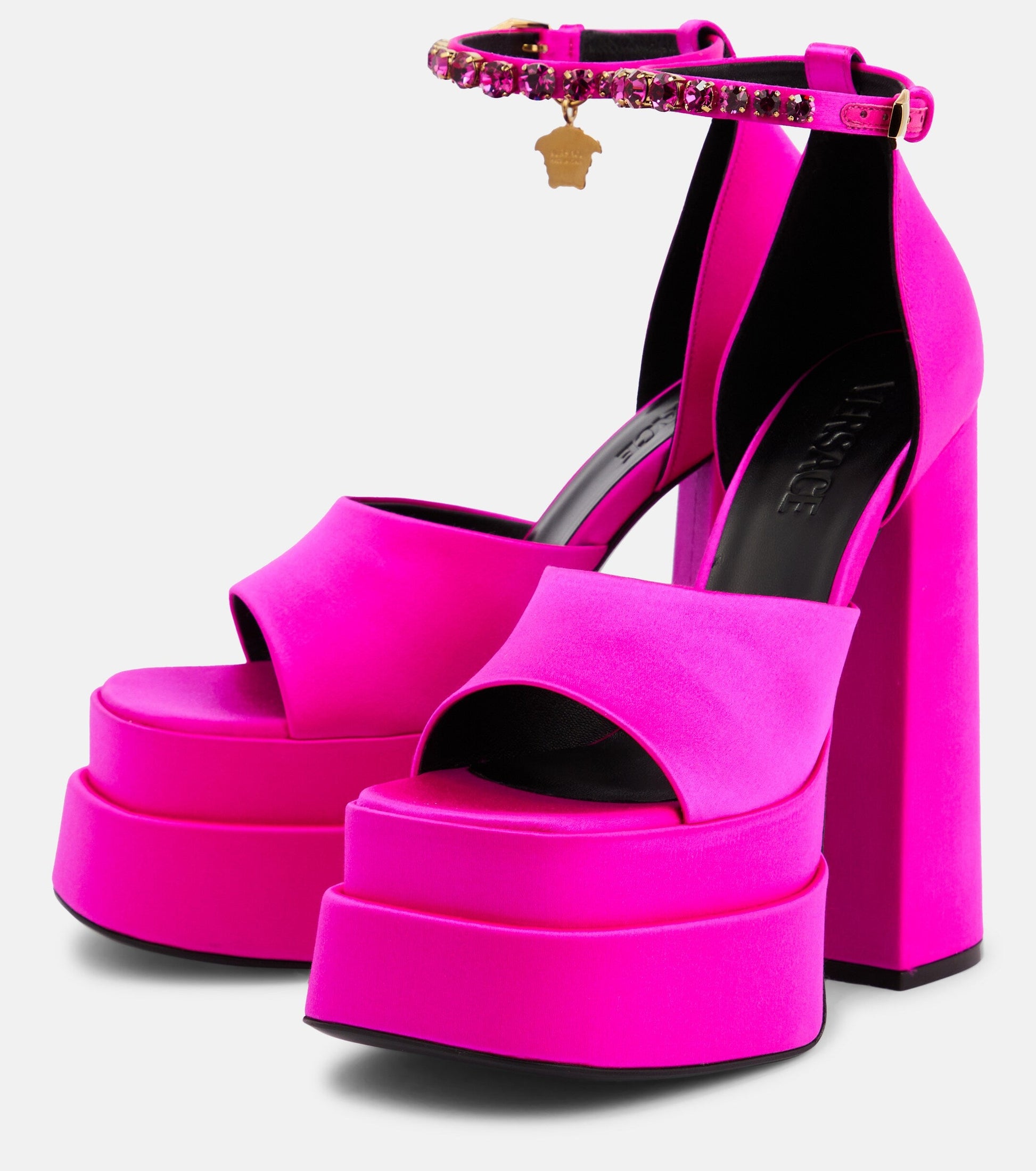 Ateliia Versace Pink Satin Medusa Rhinestone Platform Sandals