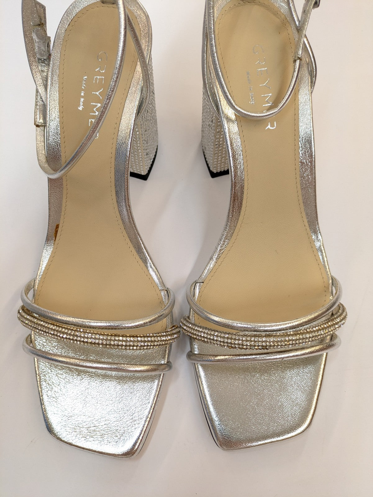 GREY MER Silver Leather Ankle-Strap Sandals