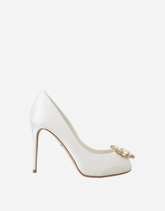 Dolce & Gabbana White Satin Rhinestone Court Heels