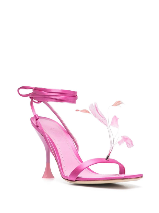 3JUIN Pink Satin Ankle-Tie Sandals with Feathers