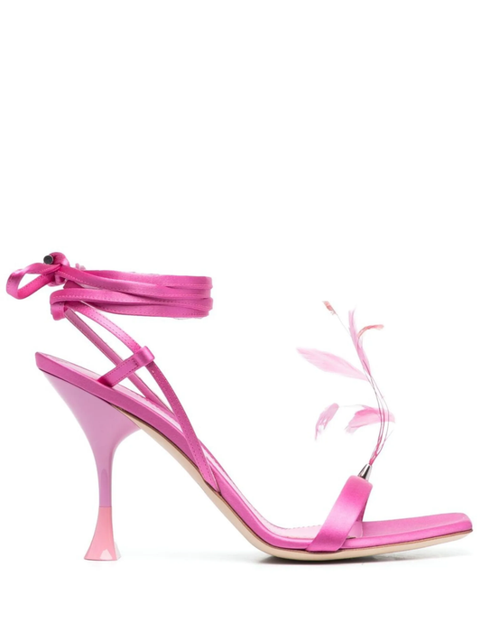 3JUIN Pink Satin Ankle-Tie Sandals with Feathers