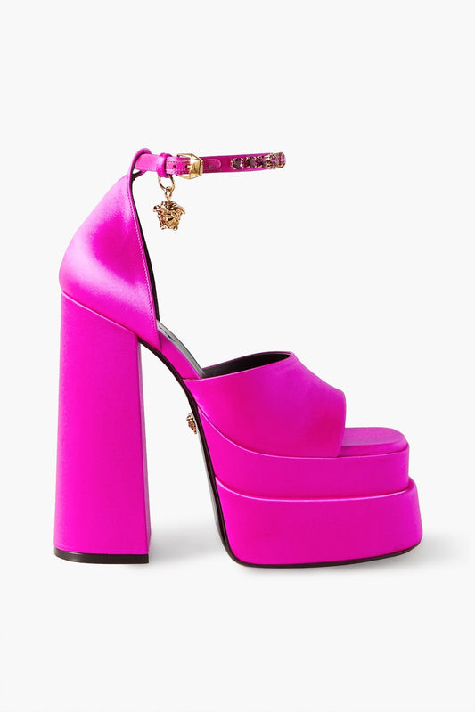 Versace Pink Satin Medusa Rhinestone Platform Sandals