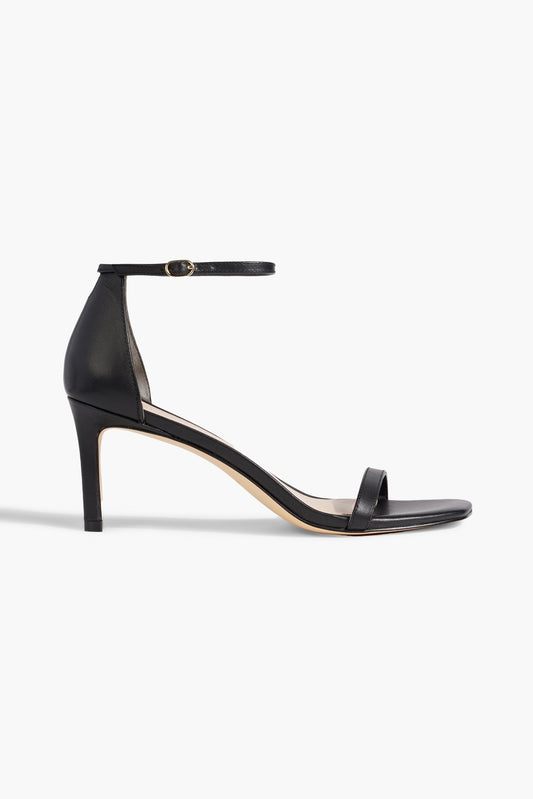 Stuart Weitzman Black Leather Mid-Heel Ankle-Strap Sandals